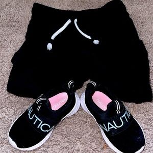 Black shoes Size ( 5) & black sweats 18mos